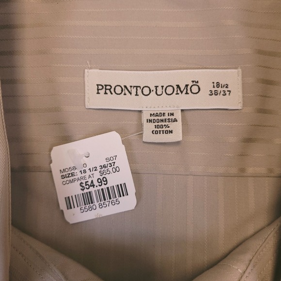 NWT Pronto Uomo Shirt Dress Shirt 18.5 36/37 Button Up Khaki Brown Tonal Stripe - Picture 5 of 16